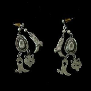 Vintage Sterling Silver 925 Western Cowgirl Dangle Pierced Cluster Earrings